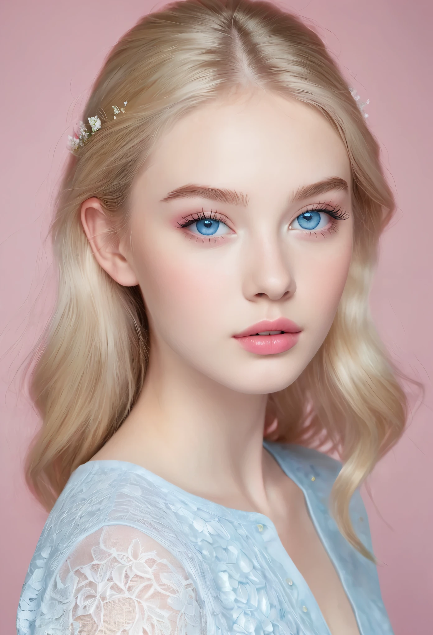Sixteen-year-old blonde teenager, sky blue eyes and white skin, thick pink lips, long eyelashes and thick eyebrows, small and thin nose, high cheekbones and thin chin.