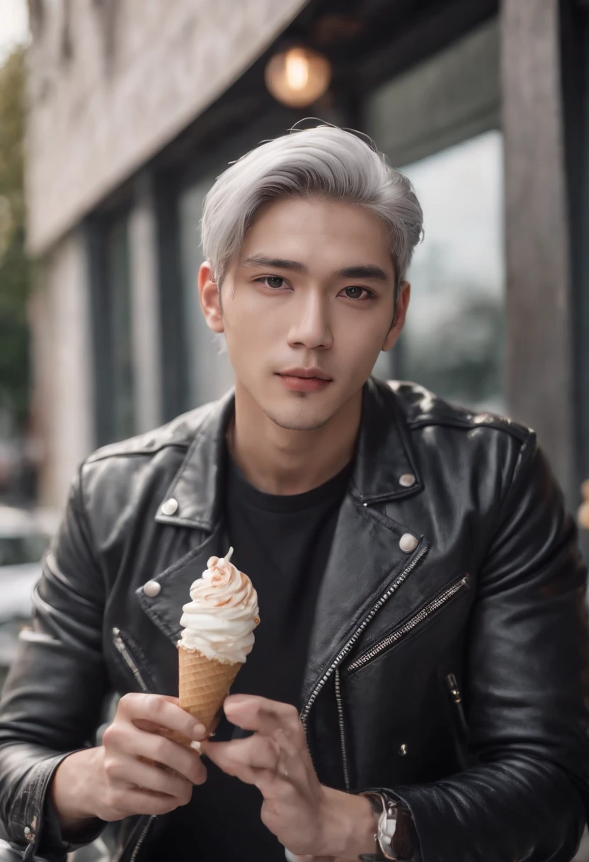 Handsome young man in a leather jacket, Wearing a cap, With silver hair, holding ice cream, Silver messy hair, Handsome, sexy and masculine beauty, some beards, Repair cars with very cool poses, Super Detailed Face, (8K, Raw photo, Photorealistic:1.25) ,( lipgloss, Eyelashes, man, gloss-face, Glossy skin, Dark skin, Darksob, Man's, Best Quality, 超A high resolution, A young man, depth of fields, chromatic abberation, Caustics, Broad lighting, Natural Shading, Kpop Idol) Watch viewers with calm and godlike happiness,