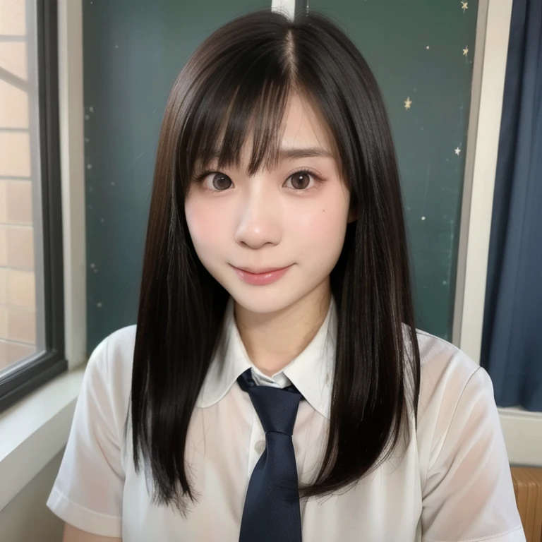 (kawaii 24 year-old Japanese girl, Nogizaka idol, Korean idol), (glossy black hair, seductive hair style:1.3), (rounded face, single eyelid, no makeup, soft smiling:1.2), (wearing Japanese school uniforms, collared shirt, necktie:1.3), (well shaped extra small breasts), (looking at viewer:1.2), BREAK, (classroom background, standing by the window:1.3), (dynamic angle, face focus:1.3), BREAK, (masterpiece, best quality, photo realistic, official art:1.4), (UHD, 8K quality wallpaper, high resolution, raw photo, film grain:1.2), (shiny skin), professional lighting, physically based rendering, award winning, (perfect anatomy, highly detailed skin textures, extremely detailed face and eyes, well drawn glittering pupils), Carl Zeiss 85 mm F/1.4, depth of field, 1girl, solo,