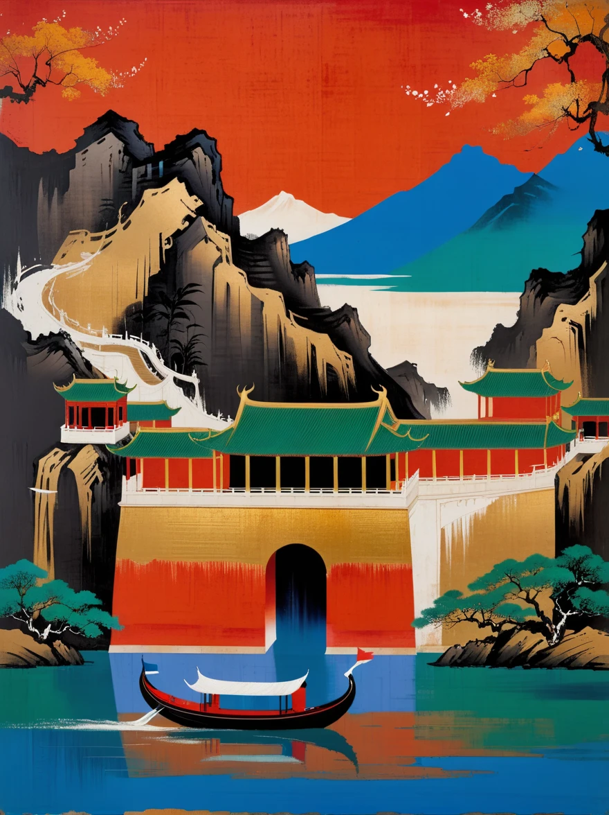 extreme telephoto,song huizong ,Fresco, texture, brushstrikes,chinese palace near mountain and river,boat,architecture,dark background, Red, Orange, Blue, green,Black, Gold Stroke,minimalism,noma bar and Liu Ye and by Leon Spilliaert