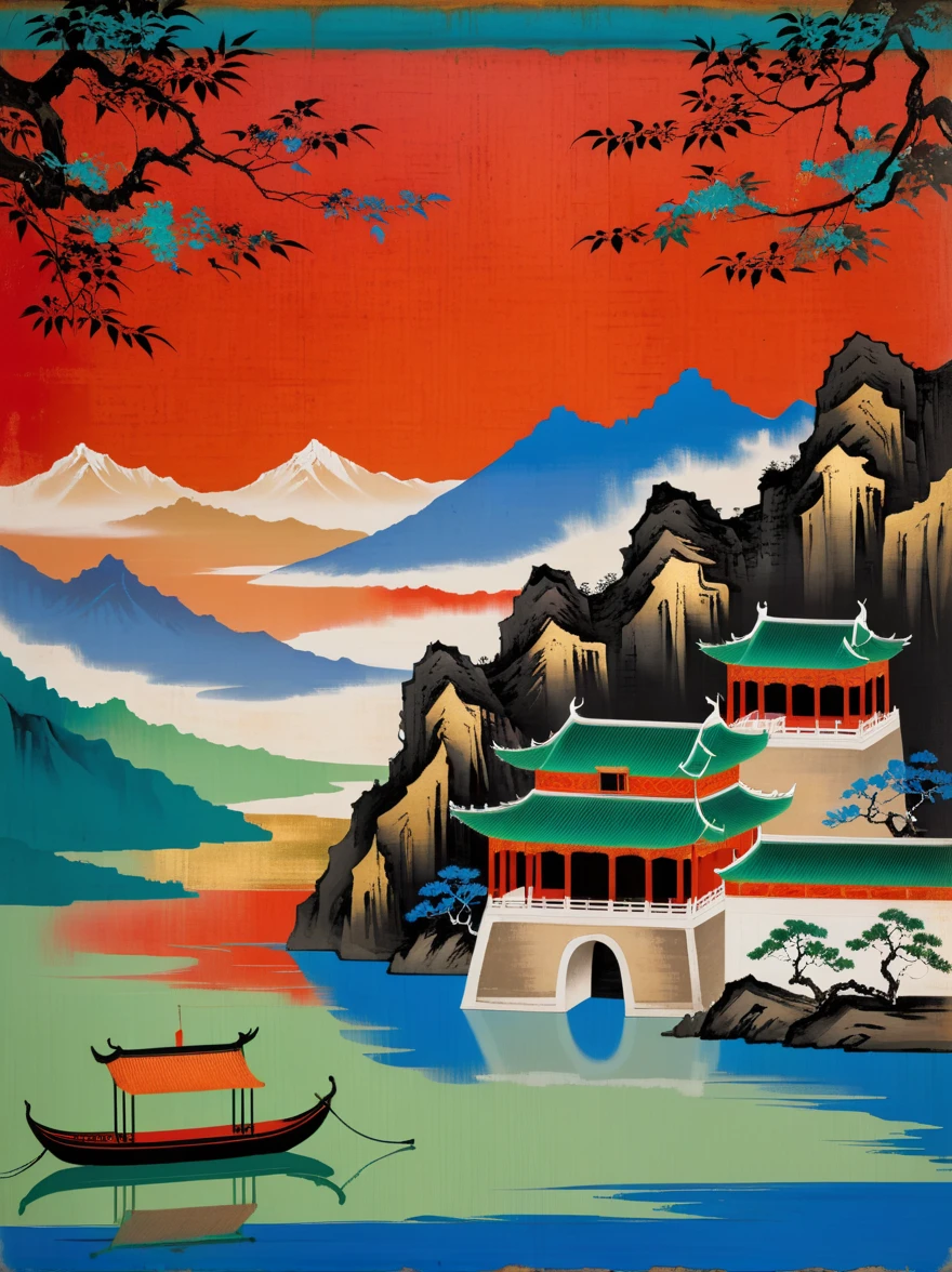 extreme telephoto,song huizong ,Fresco, texture, brushstrikes,chinese palace near mountain and river,boat,architecture,dark background, Red, Orange, Blue, green,Black, Gold Stroke,minimalism,noma bar and Liu Ye and by Leon Spilliaert