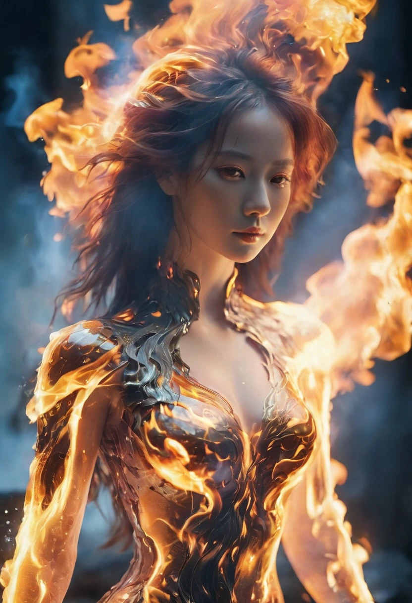 (Flame/flame/loimu，dynamic scene:1.3)，studio photo, Beautiful robot metal woman standing alone, strange fantasy images, Strange glowing rock, The beautiful, Detailed pubic hair, long and flowing hair, medium, great skin texture