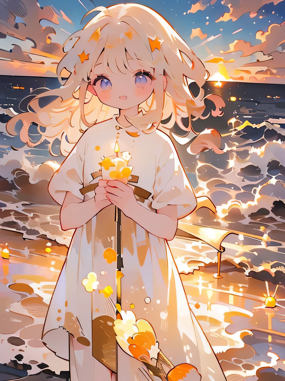 light blonde hair、Extra-long hair、curly hair、a girl、perfect face、perfect eyes、HD、best quality、masterpiece、hands holding candle、Rendered sunset、Sea and sky、White dress、Orange and purple sunset、evening clouds、Backlight
