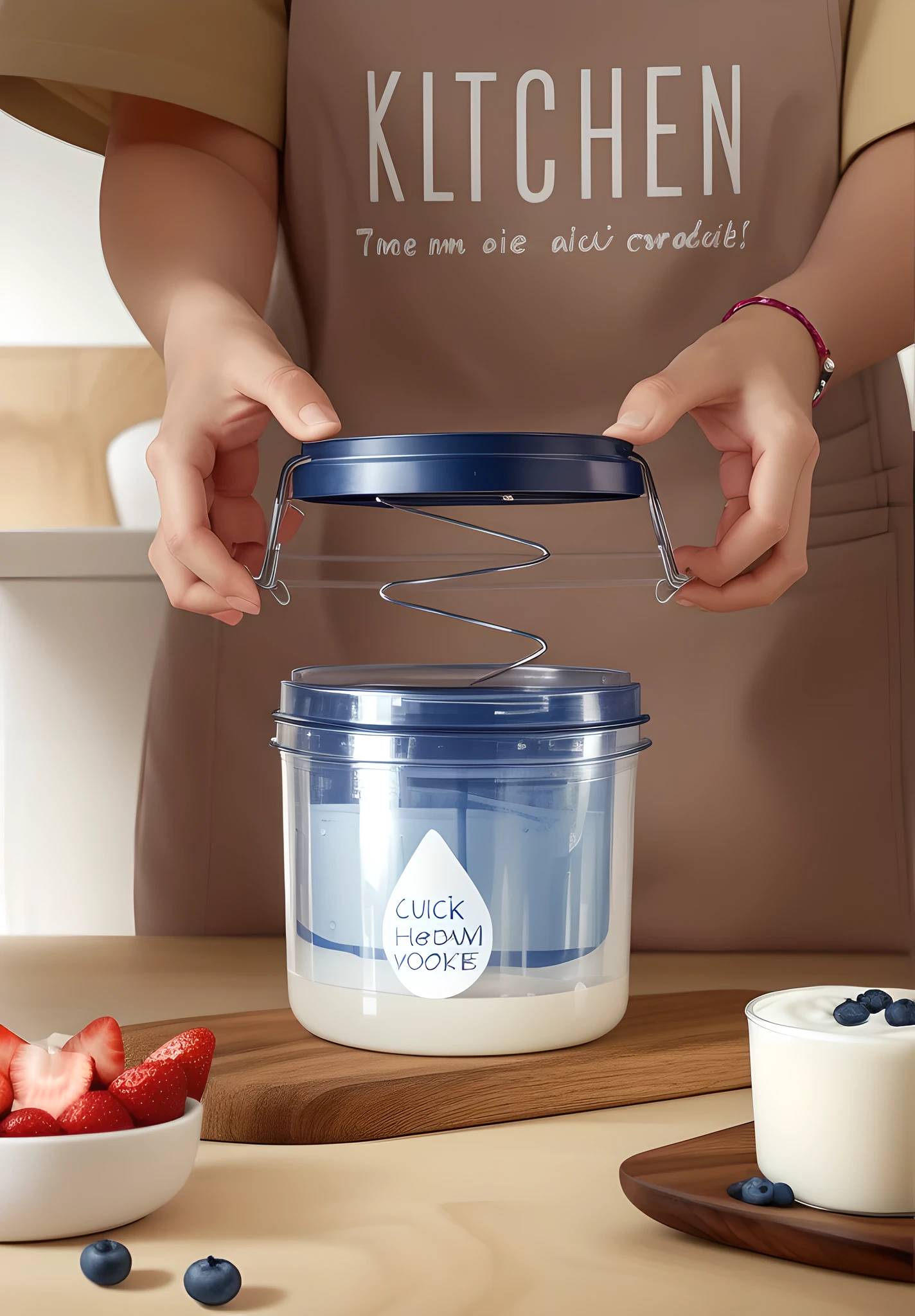 In this image, a clear plastic yogurt maker labeled "QUICK MIZUKIRI YOGURT" is placed on a wooden cutting board. The inside of the container was filled with a translucent liquid and a white solid. It was speculated that the liquid was water and the solid was yogurt. The container has a simple design, in clear and navy blue tones, and comes with an easy-open lid. The wooden cutting board is sturdy and has a dark brown natural wood grain. On one side of the cutting board is a small dollop of yogurt and a small wooden spoon. The background is blurred, showing sliced strawberries and an empty bowl on the table. The overall tone is warm, the light is natural, and the composition is balanced, conveying a comfortable feeling of home-made healthy food. This scene may also imply a simple, convenient and healthy lifestyle.