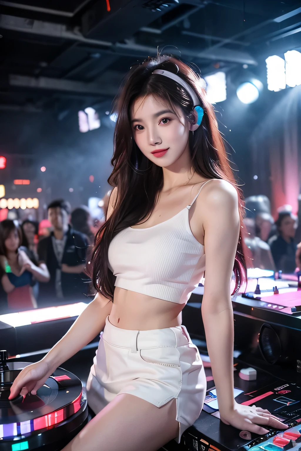 Create an ultra-realistic image of a 21-year-old Japanese woman named Kotone performing as a DJ. She has extremely long, perfectly straight black hair that flows down to her waist, with blunt bangs that cover her forehead. Her eyes are large and have double eyelids with black pupils, giving them a captivating and youthful appearance. Her face is delicate and innocent, with very thin eyebrows. Kotone's skin is smooth and flawless, resembling snow in its pure white color. She has a slender and well-proportioned body with a shapely bust size of 95 cm, a height of 158 cm, a weight of 43 kg, an ideal waist size of 58.46 cm, and an ideal hip size of 86.73 cm. Her complexion is flawless, without any wrinkles, and her natural makeup enhances her features subtly, maintaining a fresh and youthful look. She embodies a perfect balance of youthful charm and mature elegance, with a cute and innocent smile that adds warmth and affection to her appearance.
Kotone should be depicted standing behind a DJ console, wearing stylish headphones. She could be wearing a trendy and edgy outfit, such as a cropped top and high-waisted pants, or a fashionable dress that suits the vibrant atmosphere of a DJ performance. Her long black hair should flow naturally, possibly moving slightly with the energy of her performance. Her expression should be confident and enthusiastic, reflecting her passion for music and engaging with the audience. The lighting should be dynamic and colorful, creating a lively and exciting atmosphere typical of a DJ set. The background should include elements of a club or a stage, with lighting effects, speakers, and a cheering crowd, ensuring that every detail of her appearance and the energetic setting is highlighted.