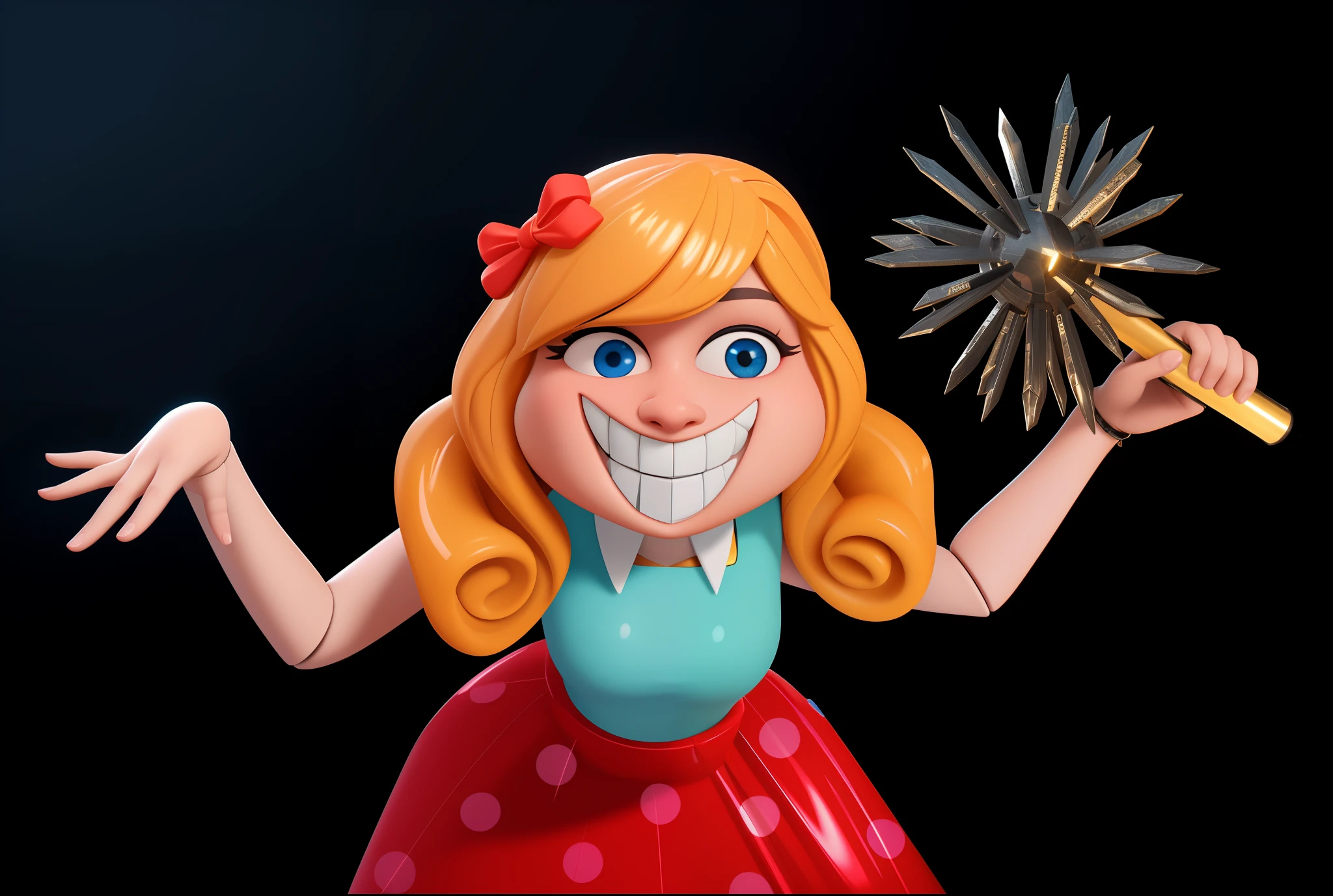 cartoon doll girl with a mace in her hand, doll, game character, videogame character, creepy doll, large creepy smile, doll with creepy smile and red eyes, insane, she ia holding death star mace in hand, doll toy, glossy texture, smooth 3d model, multiple light sources, rim light, sharp post effects render, (glossy plastic texture with multiple big light probe refractions), perfect cgi, smooth silhouette, high intensity refraction, (super glossy material), most beautiful vfx, blue background, plastic refractions, realistic, 4k, high resolution, rim light, she is flying, she is laying on the floor, photo shoot, commercial photo, profile shot, 4k, rim light, high resolution, 4k, glossy texture, smooth 3d model, multiple light sources, rim light, sharp post effects render, (glossy metallic texture with multiple big light probe refractions), perfect cgi, cgi art created only with gradients, smooth silhouette, high intensity refraction, (super glossy chrome material), most beautiful vfx, blue background, chrome metal refractions, multiple light sources, rim light, sharp post effects render, perfect cgi, anthropomorphic cat, digital art, detailed digital art, reflective, best quality, 4k, masterpiece:1.2, ultra-detailed, realistic, vivid colors, dark and moody lighting, The image of the highest quality, ensuring every detail showcased perfectly. It in 4k resolution, allowing viewers to immerse themselves in the richness of the colors and intricate details. The realistic rendering. under the spotlight, reflecting, high-resolution image, realistic rendering, dark background, and rim light photorealistic