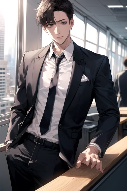 1 boy, face focus, adult, suit, Jacket, white shirt, tie, pants, highest quality, hire, detailed face, office, building from the window, detailed background, diffused sunlight, Depth of the bounds written, Bokeh
