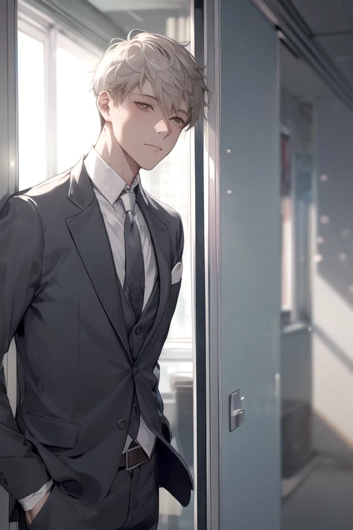 1 boy, face focus, adult, suit, Jacket, white shirt, tie, pants, highest quality, hire, detailed face, office, building from the window, detailed background, diffused sunlight, Depth of the bounds written, Bokeh