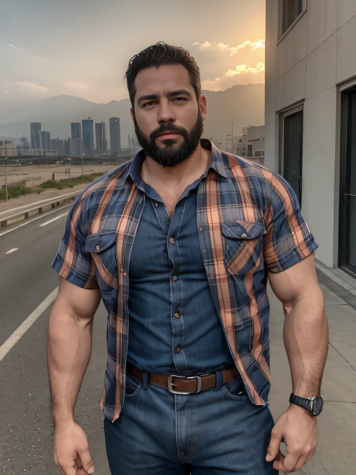 obra maestra, Mejor calidad, high resolution, Retrato de primer plano, (1 chico:1.4) A man in a lumberjack suit, muscular, (con camisa: 1.2) enfoque masculino, enfocarse solo, piel bronceada, 38-year-old man dressed as a lumberjack., muscular, fuerte, peludo, Masculino, (descamisado: 1.2), al fondo una playa, in a city with a lot of traffic and pollution, amazing composition, Vista frontal, HDR, volumetric lighting, (plano general, desde el frente:1.2) (GS-Macho :1.5) (magnificent landscape:1.2)