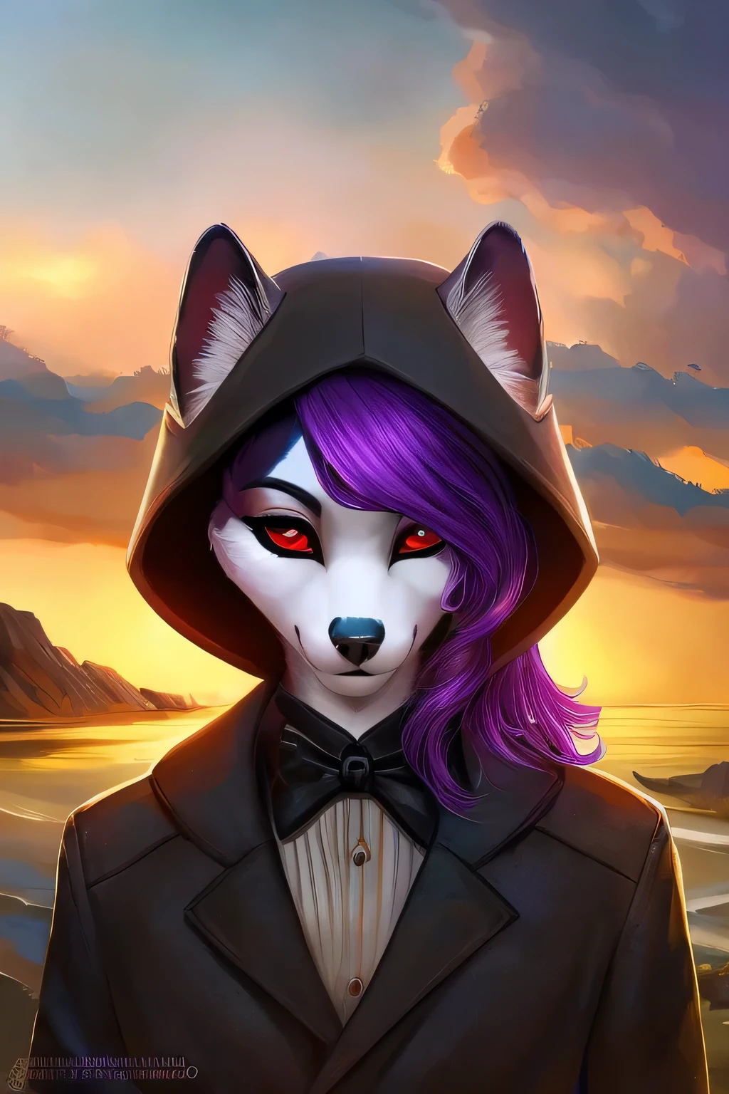 Best quality, furry. Волчandца, Eyelashes in the eyes, (andmy white iris), black wool, (scarlet sclera), very long furry tail of a hellhound, (Cerberus), expressed and sexual, arrogant, волчandца, smoking room female, (long black and purple hair), Tired and tedious (black jacket over a yellow t-shirt) and (black trousers) and (рокерскandе ботandнкand), (крandвые волчьand ногand), anthropomorphic,, against the backdrop of a gloomy sky, ((Awesome boss)).