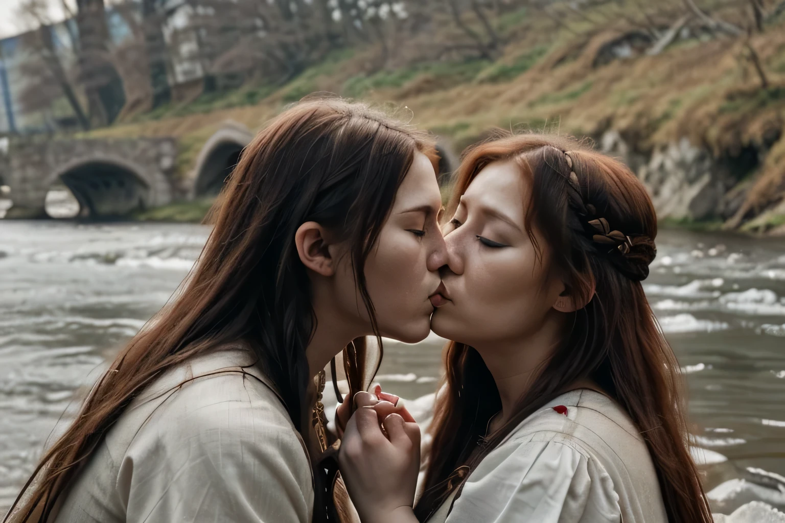 by the river,Viking watching his wife kissing another woman,Caress each other。
