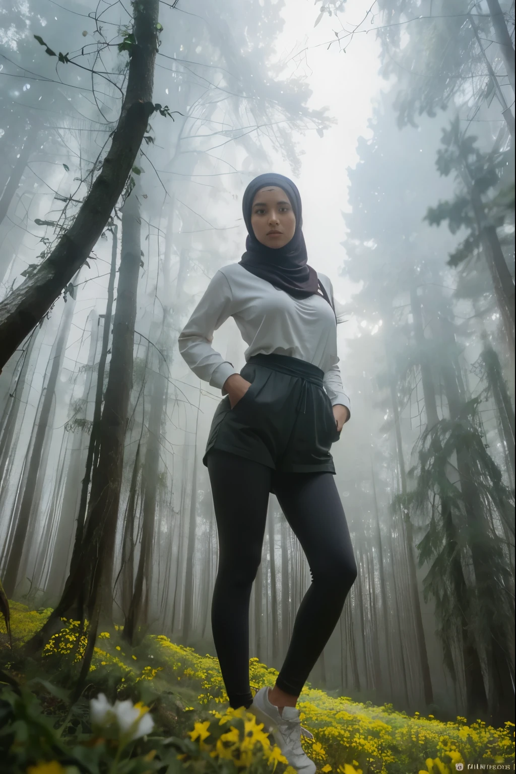 full-body portrait photograph of a young java woman hijab with polo Cap, wearing pinafore with shirt, hotpant with leggings, oversized_breasts.", she is hiking, beautiful_breasts. sensual body, in a unique, photoshot model, ((In front of flowers in the misty forest)), pullover, highres, 4k, HDR, 1girl, photorealistic, realistic, big booobs, turning away facial at viewer, closeup