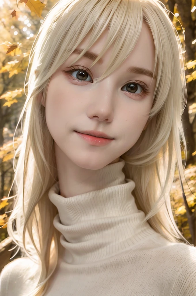 close, portrait, head shot, model shooting style, looking at the viewer, direct eye contact, White-sama, 1 girl, smile, (bleached blonde hair), knit beige turtleneck, autumn park, Depth of bounds written, blurred background, skin details, fine eyes, Warm volumetric lighting, masterpiece, highest quality ,    