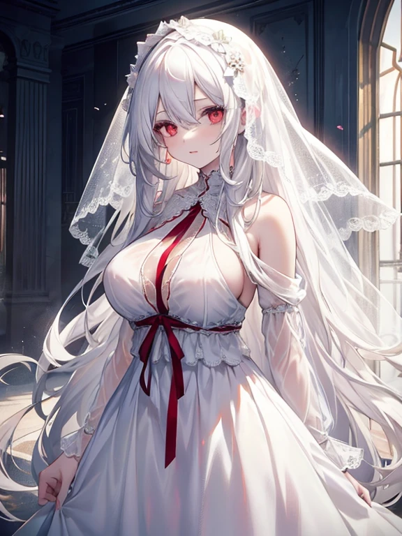 Young girl, long white hair, messy hair, red eyes, pale skin, revealing white dress, see-through dress, veil, masterpiece, high quality, Big breasts,