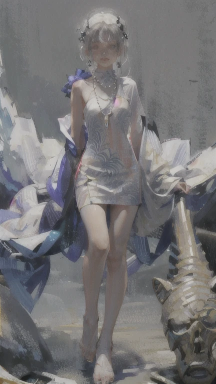 Young woman、's face、very nice、slim and beautiful、((small :1.2))、Well-drawn eyes、Charming eyes、double tail、Wear jewelry and pearls around your neck,Transparent openwork、Deep V、crystal pearl、在Wear jewelry and pearls around your neck,White hair, showing hips, bare shoulders, show Clavicle, Yao Liu, barefoot,((whole body))、painful posture