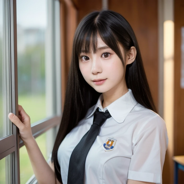 (kawaii 24 year-old Japanese girl, Nogizaka idol, Korean idol), (glossy black hair, seductive hair style:1.3), (rounded face, single eyelid, no makeup, soft smiling:1.2), (wearing Japanese school uniforms, collared shirt, necktie:1.3), (well shaped extra small breasts), (looking at viewer:1.2), BREAK, (classroom background, standing by the window:1.3), (dynamic angle, face focus:1.3), BREAK, (masterpiece, best quality, photo realistic, official art:1.4), (UHD, 8K quality wallpaper, high resolution, raw photo, film grain:1.2), (shiny skin), professional lighting, physically based rendering, award winning, (perfect ???????, highly detailed skin textures, extremely detailed face and eyes, well drawn glittering pupils), Carl Zeiss 85 mm F/1.4, depth of field, 1girl, solo,
