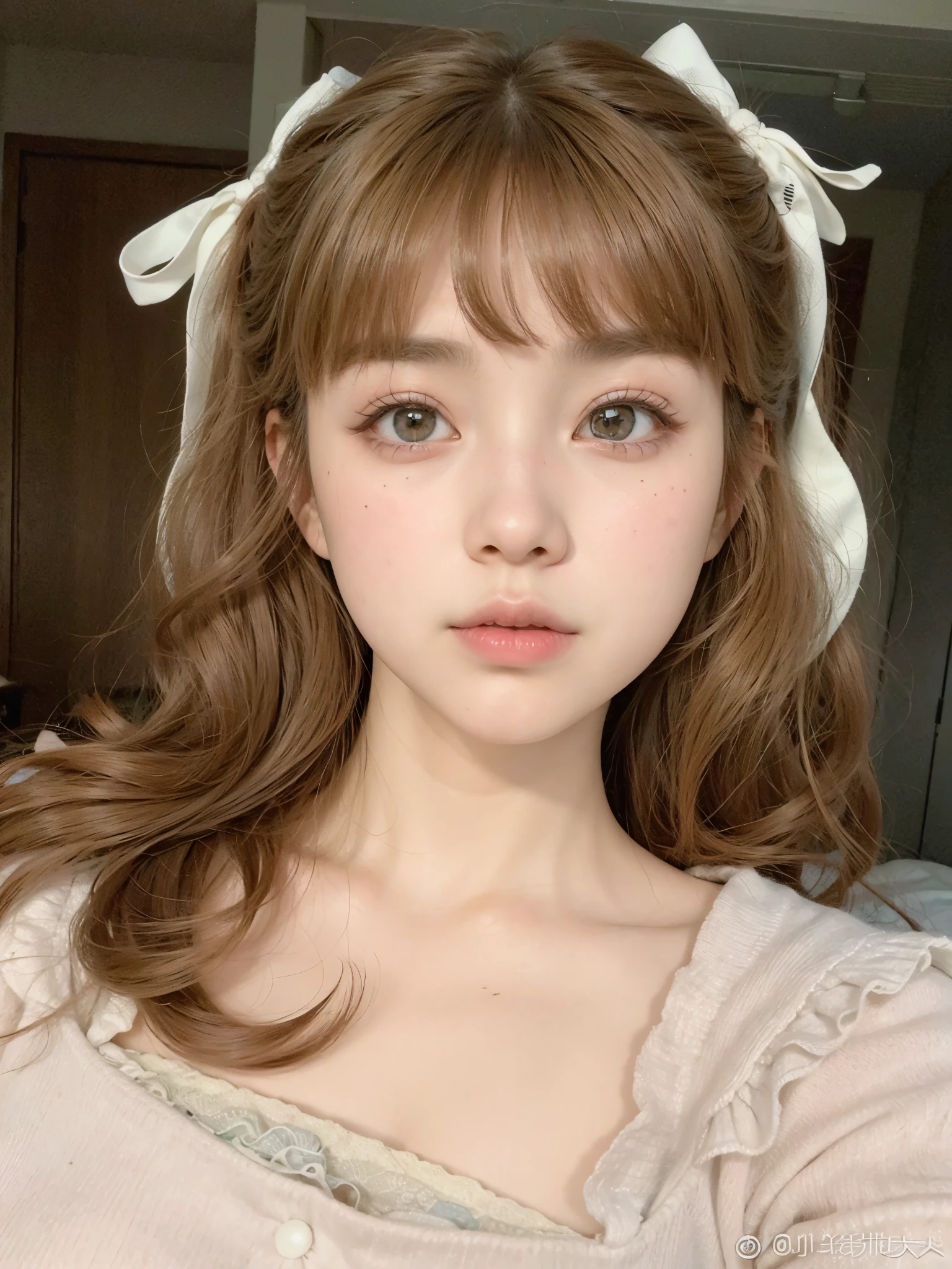 hay una mujer con un lazo en la cabeza posando para una foto, ulzzang, retrato realista kawaii, linda cara de anime natural, joven y adorable rostro coreano, maquillaje popular de corea del sur, preciosa cara delicada, peinado kawaii, maquillaje coreano popular, brown hair and big eyes, linda chica kawaii, cara linda y clara, Lalisa Manobal, chica linda-cara-fina