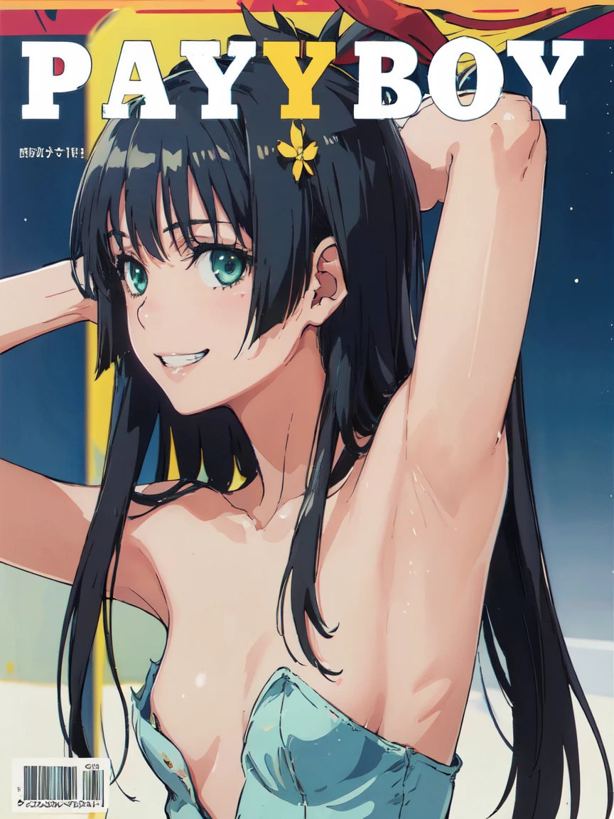 PlayboyCoverQuiron style, playboy cover, (High resolution:1.4), (masutepiece:1.2), (High quality:1.3) 1girl, saten ruiko, green eyes, long hair, black hair, small breast, grin