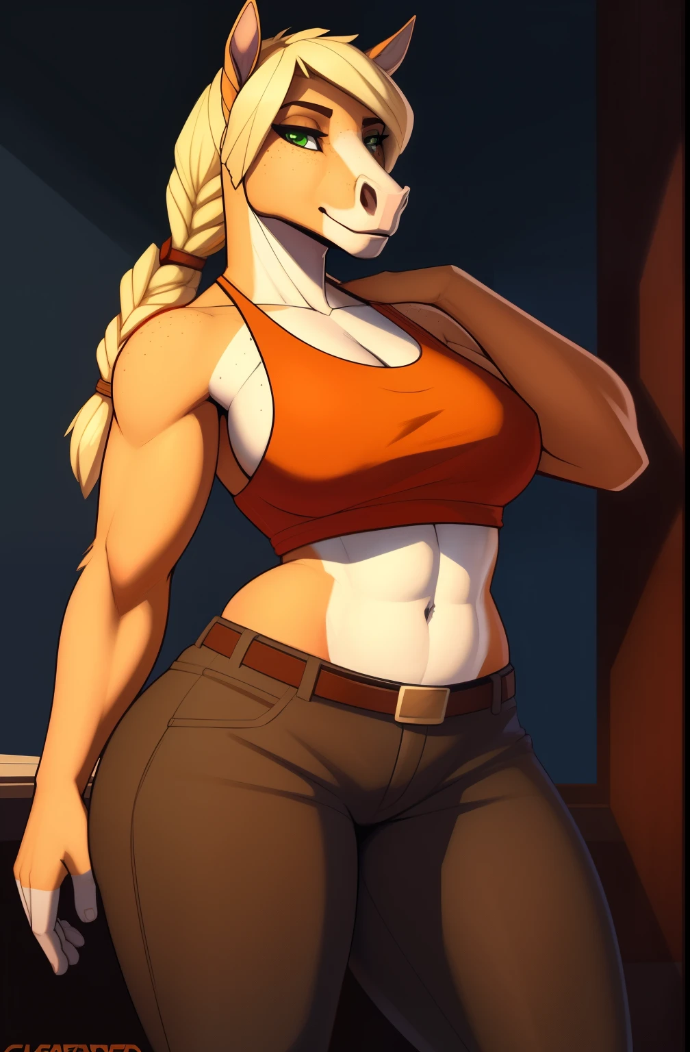 Buff_mature_horse horse_snout thick_thighs female blonde_hair long_single_braid orange_brown_furry_body green_eyes freckles solo Masterpiece best_quality absurdres highly_detailed well_drawn_eyes anthro_only by_claweddrip, by_greasymojo, by_underscore-b, by_runawaystride tank_top denim_pants cowboy_hat