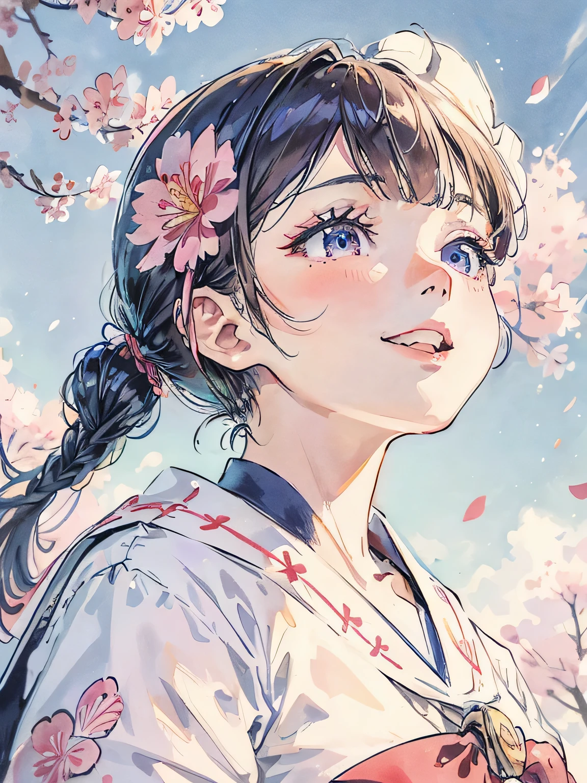Sailor suit、From the perspective of flowers、looking up from below、A big smile、Sakura flower sea、petals scattered everywhere、breeze、perfect face、delicate face、Eyes as beautiful as gems