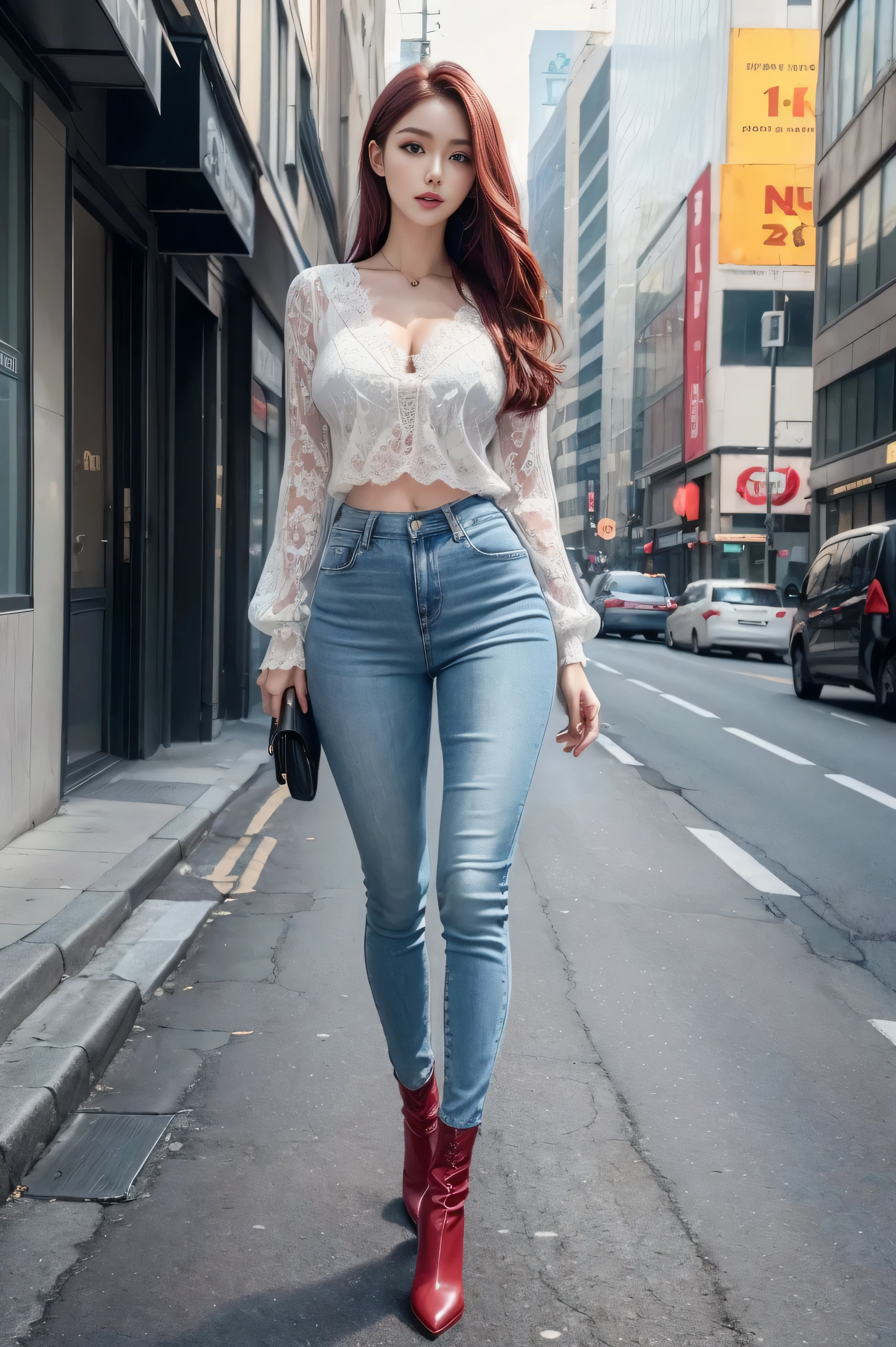 ((Realistic lighting, best quality, 8K, masterpiece:1.3)), lock focus:1.2, Beautiful woman with perfect figure:1.4, 3 beautiful Korean girls, kpop idol,Leg length,(pale skin), (big eyes),(Smile:0.8),(plump sexy lips), complex and detailed face, ((Super delicate skin)),delicate face,Super thin face,narrow eyes,double eyelids,((dark red hair)), (white lace underwear:1.4),Background Shibuya streets,Large depth of field,Super thin face,narrow eyes,double eyelids,(start from below:1.attitude,(Medium chest:1.2),Sexy long legs, (thigh gap:1.5),wide hips,S-shaped body, Buttocks raised,Leg length,Light blue skinny jeans,Full body proportion shot from the front,Long over-the-knee leather boots,