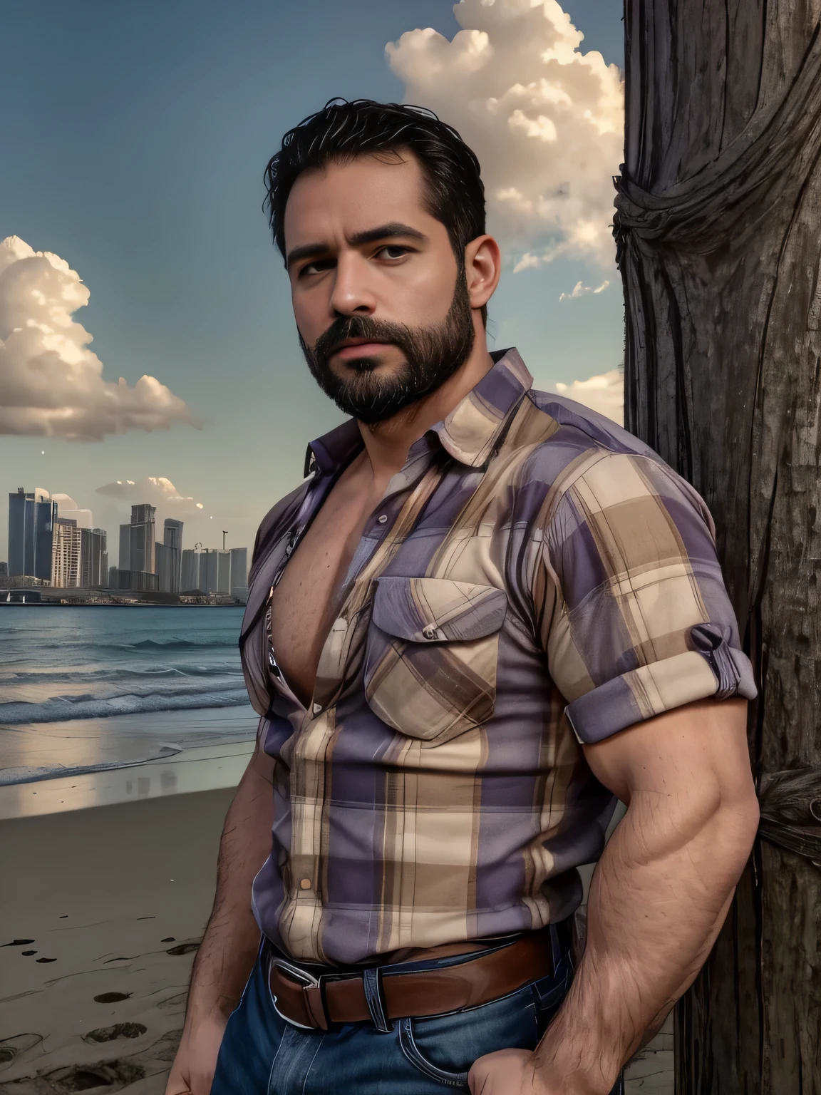 obra maestra, Mejor calidad, high resolution, Retrato de primer plano, (1 chico:1.4) A man in a lumberjack suit, muscular, (con camisa: 1.2) enfoque masculino, enfocarse solo, piel bronceada, 38-year-old man dressed as a lumberjack., muscular, fuerte, peludo, Masculino, (descamisado: 1.2), al fondo una playa, in a city with a lot of traffic and pollution, amazing composition, Vista frontal, HDR, volumetric lighting, (plano general, desde el frente:1.2) (GS-Macho :1.5) (magnificent landscape:1.2)