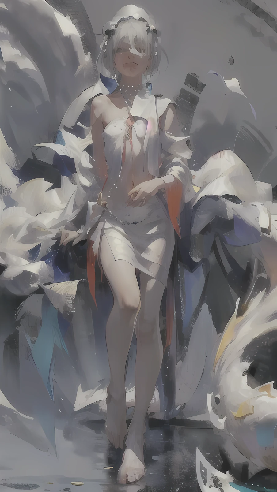 Young woman、's face、very nice、slim and beautiful、((small :1.2))、Well-drawn eyes、Charming eyes、double tail、Wear jewelry and pearls around your neck,Transparent openwork、Deep V、crystal pearl、在Wear jewelry and pearls around your neck,White hair, showing hips, bare shoulders, show Clavicle, Yao Liu, barefoot,((whole body))、painful posture