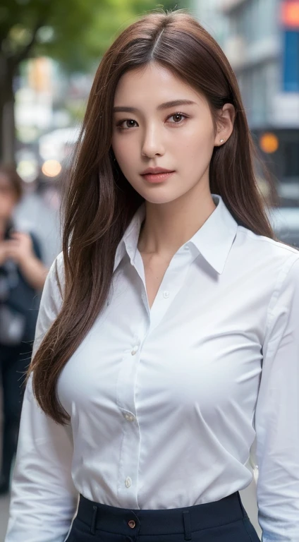 ((Best quality, 8k, Masterpiece :1.3)), Sharp focus :1.2, A pretty woman with perfect figure :1.4, Slender abs :1.2, ((Dark brown hair, Big breasts :1.2)), (White button up long shirt :1.1), City street:1.2, Highly detailed face and skin texture, Detailed eyes, Double eyelid