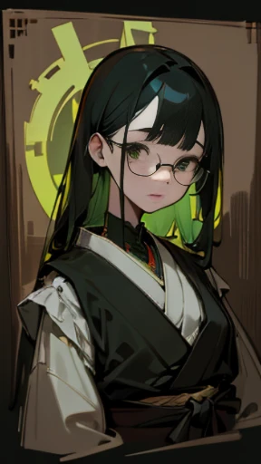 {(masterpiece), (High resolution), (super delicate), (clear), Comic style illustration, Japanese painting, Old picture scroll style, (snap shot), (Creepy), Japanese carving, antique, dark atmosphere, flat illustration}、(((Frontal upper body photo))),((green cyberpunk girl)),glasses、drooping eyes、high nose、Lightning bolt tattoo on neck、 ((in a dream)),