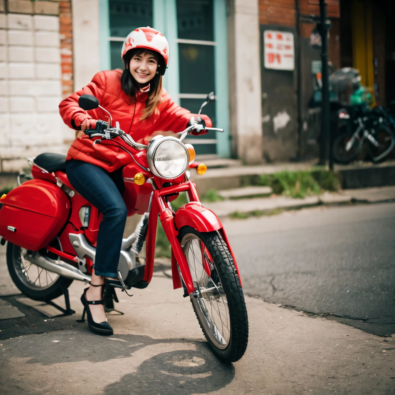 A girl 20 year ,niklet girl ,bike ,red , parret ,a hen 