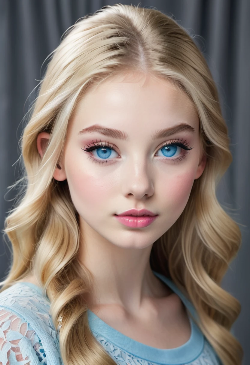 Sixteen-year-old blonde teenager, sky blue eyes and white skin, thick pink lips, long eyelashes and thick eyebrows, small and thin nose, high cheekbones and thin chin.