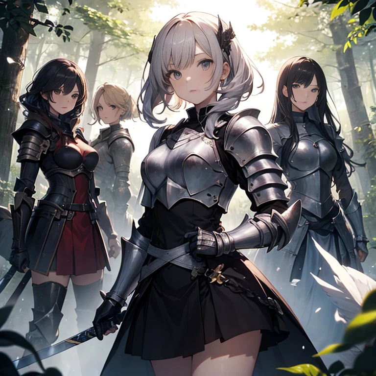 A group of female knight, (in forest), various hair styles, harem, wearing armored clothes, metal armor, night, details face, , short skirt, seducing, sword,