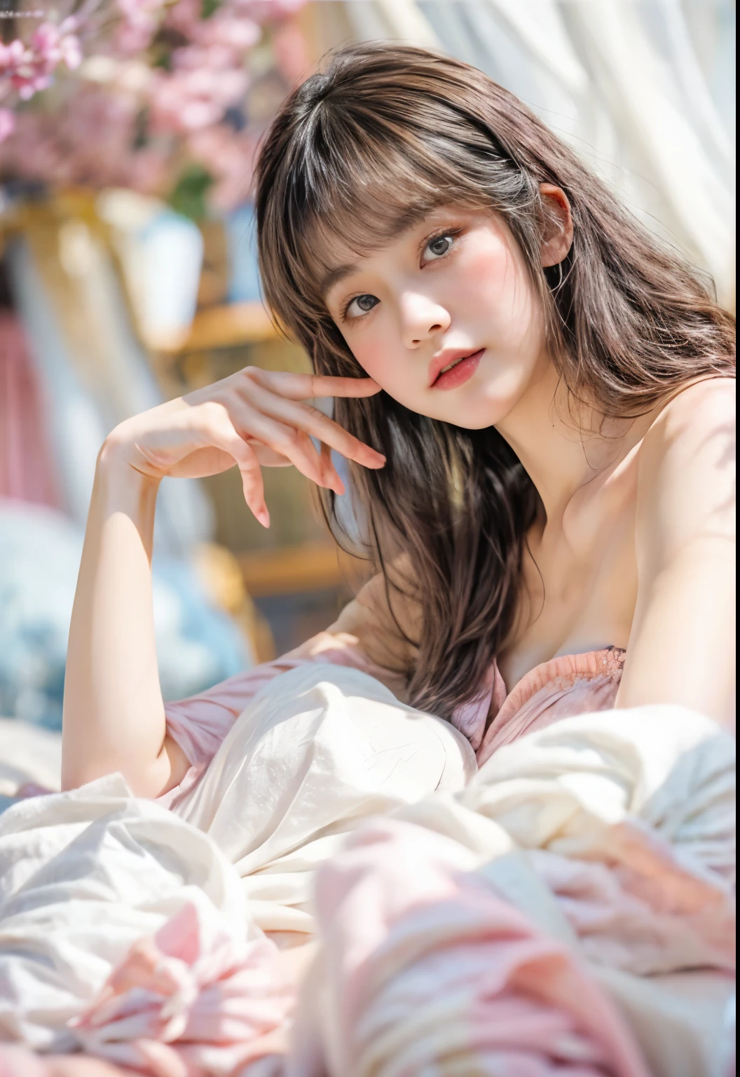 masterpiece、highest quality、cinema、(cute japanese woman、bangs:1.3)、23 years old、1 girl、elegant、black hair、(Pale pink dress:1.3)