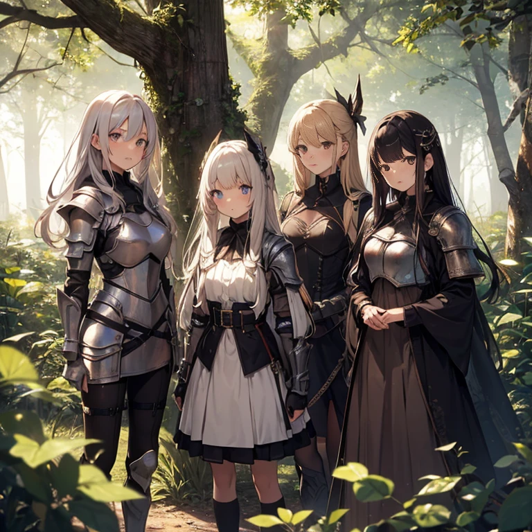 A group of cute female knight, (in forest), various hair styles, harem, wearing armored clothes, metal armor, night, details face, , short skirt, seducing, sword,
