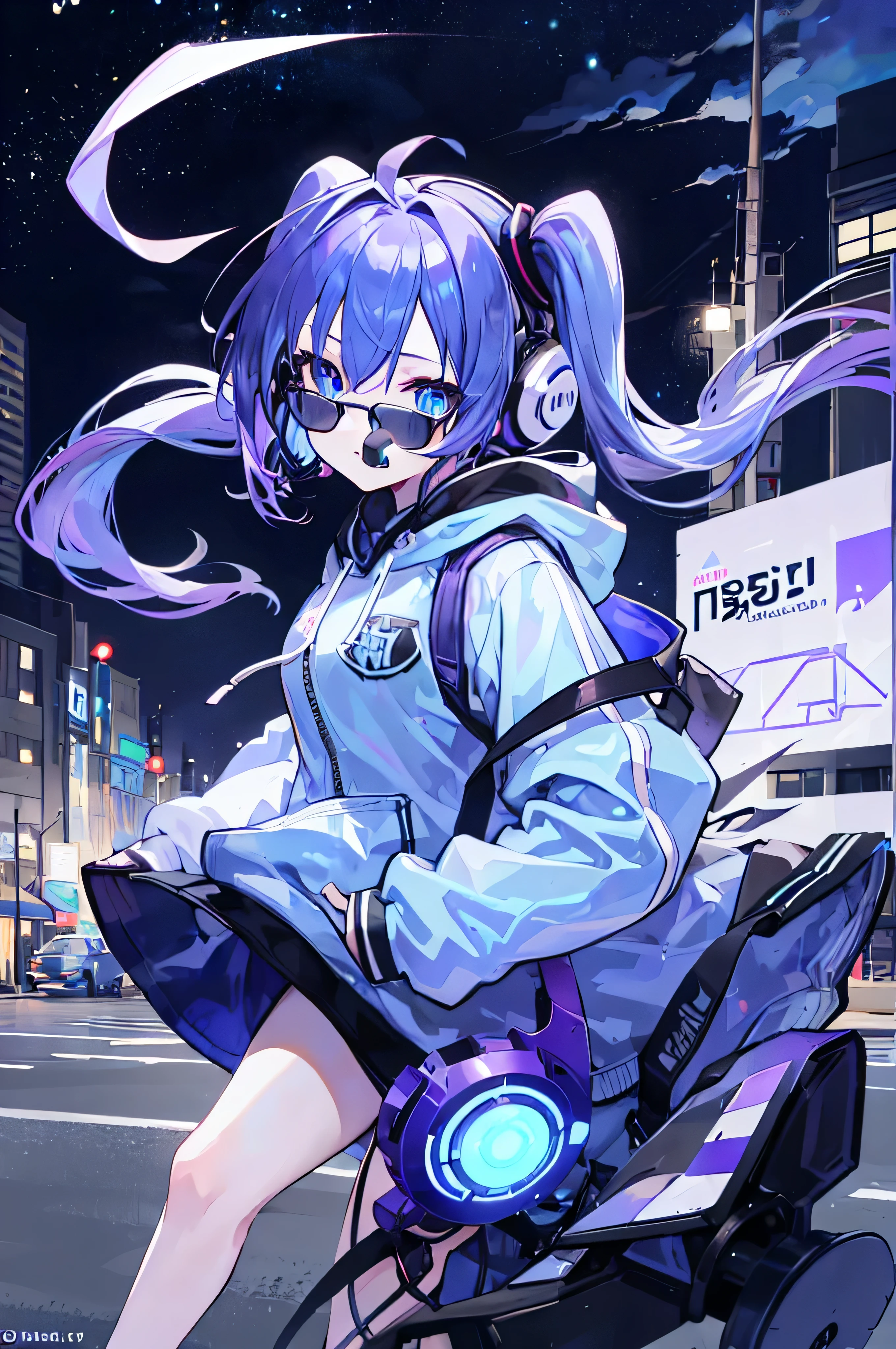 (best image quality), 1 girl, hoodie, hood, 2 2D, anime, night, city, masterpiece, headphone, light blue eye, purple hair, beautiful eye, rich expressive power, big smile, close ~ eye, Has a shield, twin tails