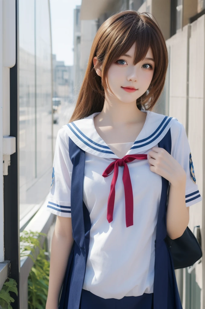 ltra-detailed,highly detailed,best quality,masterpiece,illustration,realistic,photorealistic,
clannad, hikarizaka private high , summer uniform, 
1girl, solo, cosplay, 
looking at viewer, upper body, 
