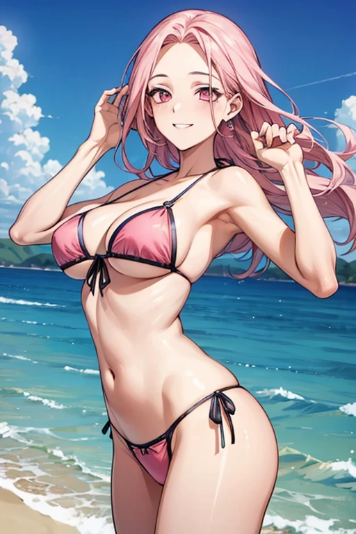 Masterpiece, highest quality, beautiful background, (sea,sky), gravure idol, sexy pose, string bikini, pink hair, pink eyes, the most beautiful woman in the world, the best style, sparkling eyes, detailed eyes, beautiful face,A bursting smile,Forehead exposed,dynamic pose