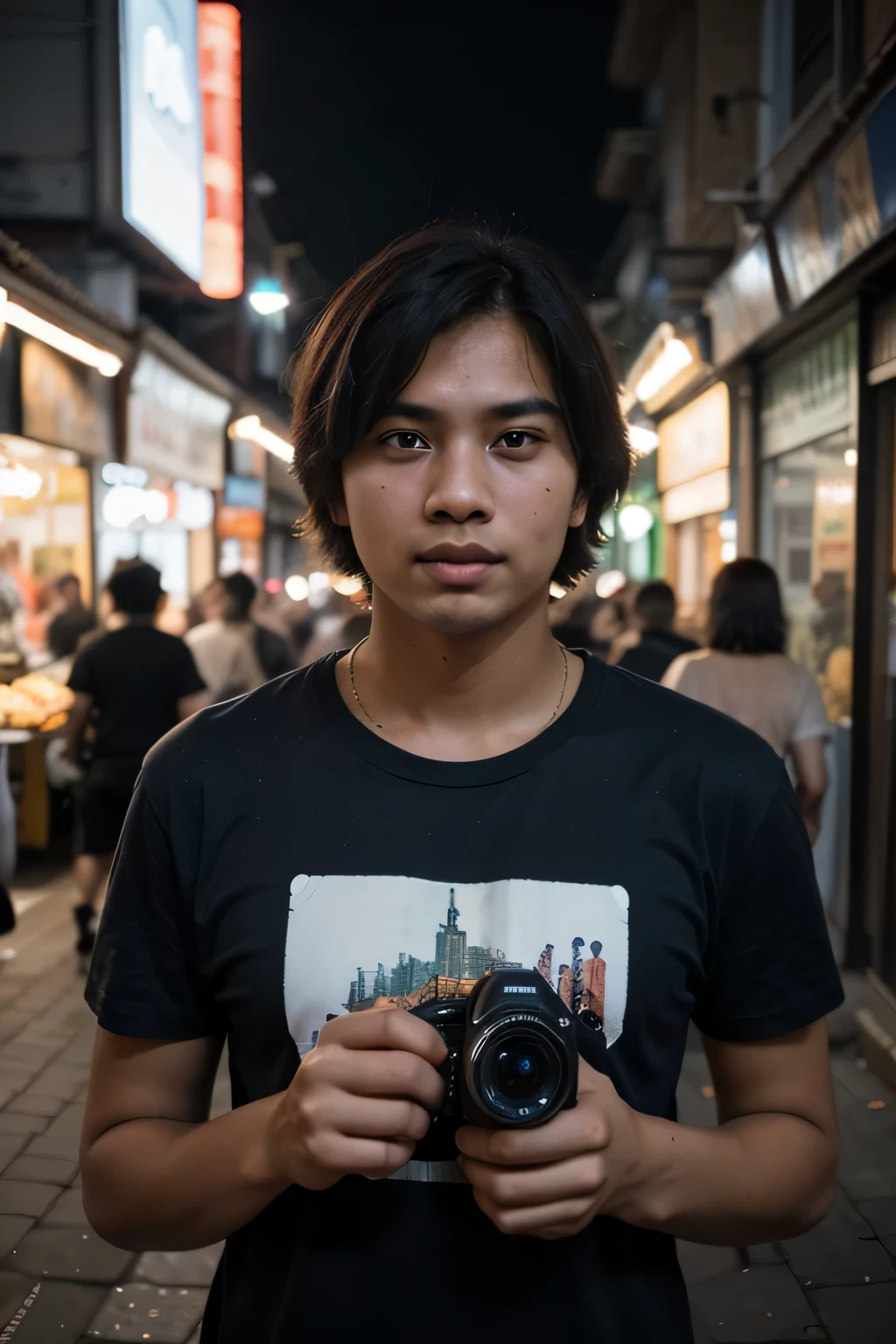 ((best quality)), ((masterpiece)), (detailed), perfect face Picture the Malay boy in dark blue T-shirt at a bustling dark street market during the day. Use a medium telephoto lens to create a narrow depth of field, highlighting the boy amidst the lively surroundings. Apply a vibrant and slightly desaturated color grading to capture the vivid street atmosphere.