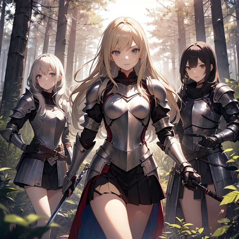 A group of small female knight, (in forest), various hair styles, harem, wearing armored clothes, metal armor, night, details face, , short skirt, seducing, sword,
