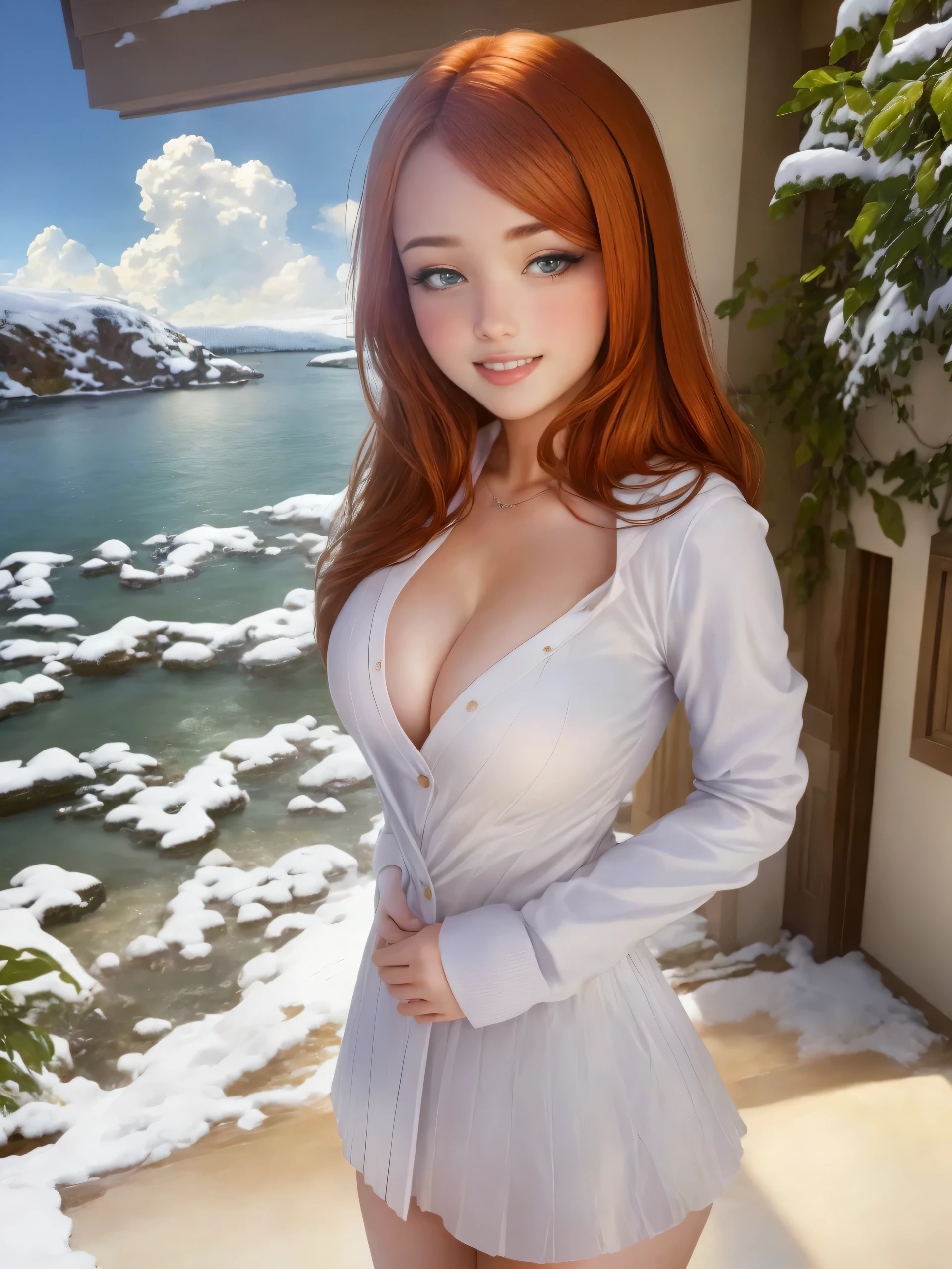 (masterpiece:1.2,highest quality),Photographed with an ultra-wide-angle lens,blur the background, Snowing background,1 High school girl,emphasizes the chest,(medium breasts),Cute ,auburn hair,detailed and beautiful eyes,blushing face,healthy skin,looking at the viewer,smile,(resort scenery),8K resolution, seductive V neck Suit
