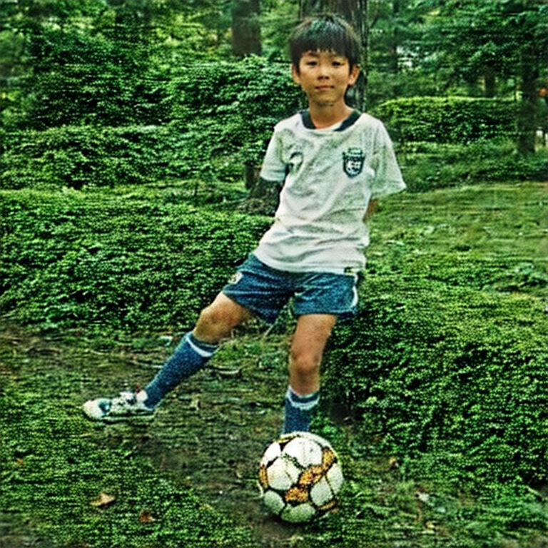 this 10years old boy height 145cm weight33kg wear blue soccer unform and very short lengths soccer shorts and soccer high socks 90s image
