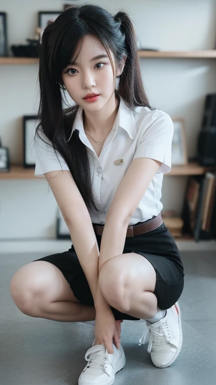  (8k, best quality, masterpiece, ultra highres:1.2) Photo of Pretty thai woman beautiful, beautiful enchanting fashion contemporary painting with , (1girl), (white shirt short sleeves), ((black pencil skirt)), belt , realistic skin texture , round chin, 85 mm art lens, f 1. 2, sharp focus, 8 k high definition, insanely detailed, intricate, elegant, big breasts , black skirt , twin tails hair , white shoes