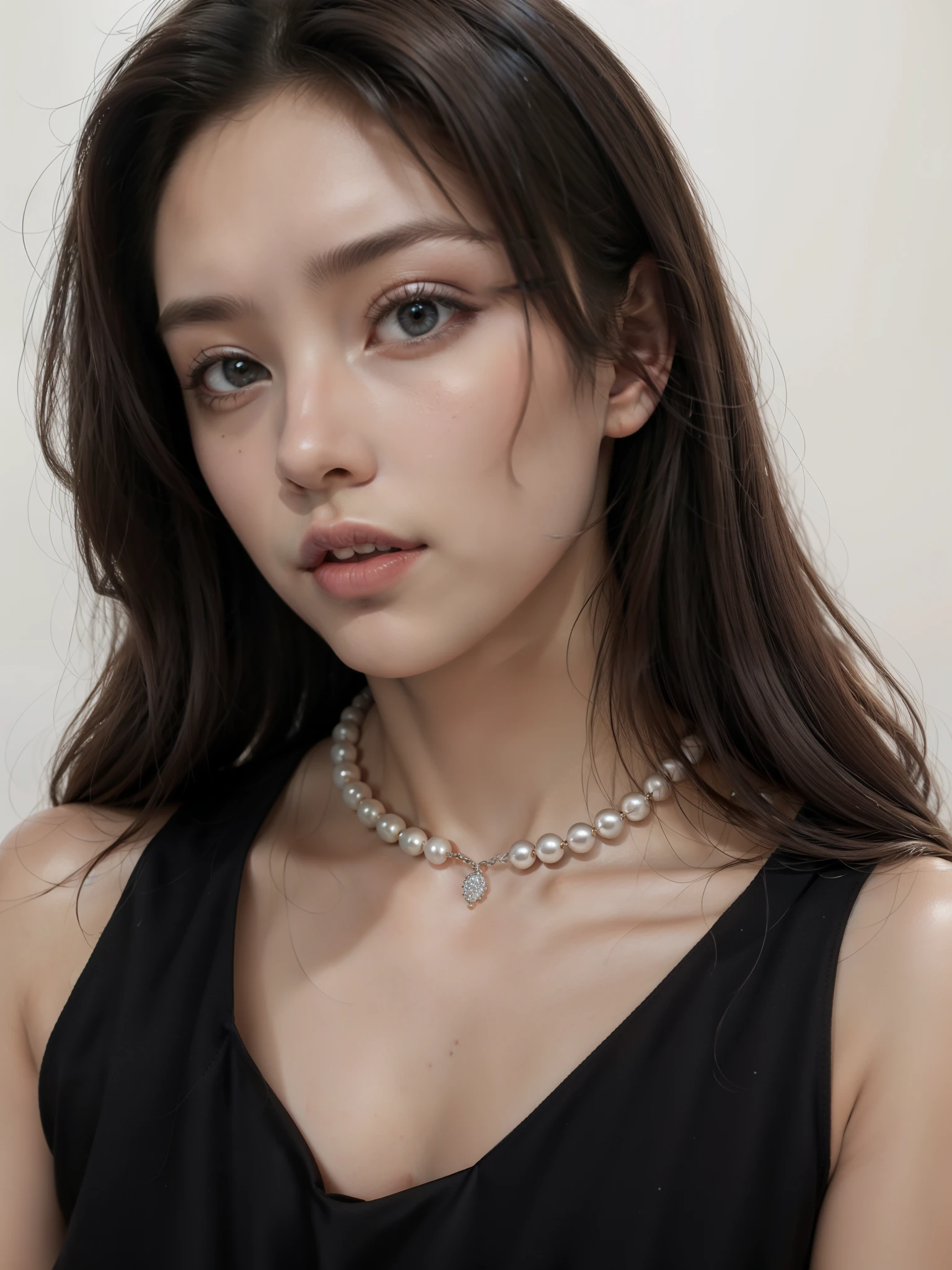 a close up of a woman wearing a collar and a black dress, pearl gargantilla, pearl collar, gargantilla around neck, gargantilla collar, gargantilla, Perlas, wearing gargantilla, real Perlas, collar, opulent pearl collar, gargantilla on neck, cuello atractivo, small collar, joyas, joyas Perlas, ( negro marfil ), cuello corto, strings of Perlas, cuello alrededor del cuello