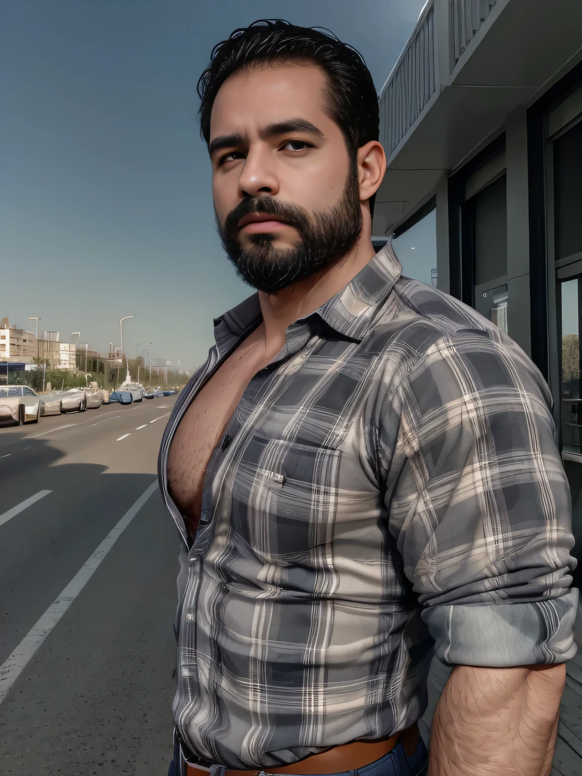 obra maestra, Mejor calidad, high resolution, Retrato de primer plano, (1 chico:1.4) A man in a lumberjack suit (blanco con negro), muscular, (con camisa: 1.2) enfoque masculino, enfocarse solo, piel bronceada, 38-year-old man dressed as a lumberjack., muscular, fuerte, peludo, Masculino, (descamisado: 1.2), al fondo una playa, in a city with a lot of traffic and pollution, amazing composition, Vista frontal, HDR, volumetric lighting, (plano general, desde el frente:1.2) (GS-Macho :1.5) (magnificent landscape:1.2)