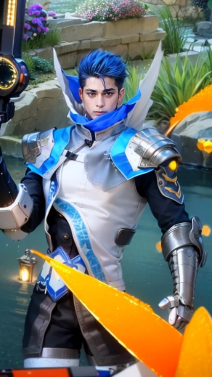 masculine male, masterpiece, ((perfect eyeest quality, (semirealism:1.9), beautiful lighting, (extremely detailed CG unity 4k fhd wallpaper), High Detail, Sharp focus, dramatic outdoors, 1 boy ,19 years old, blue hair, light purpel eyes.