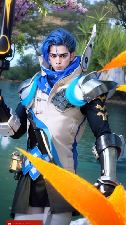masculine male, masterpiece, ((perfect eyeest quality, (semirealism:1.9), beautiful lighting, (extremely detailed CG unity 4k fhd wallpaper), High Detail, Sharp focus, dramatic outdoors, 1 boy ,19 years old, blue hair, light purpel eyes.