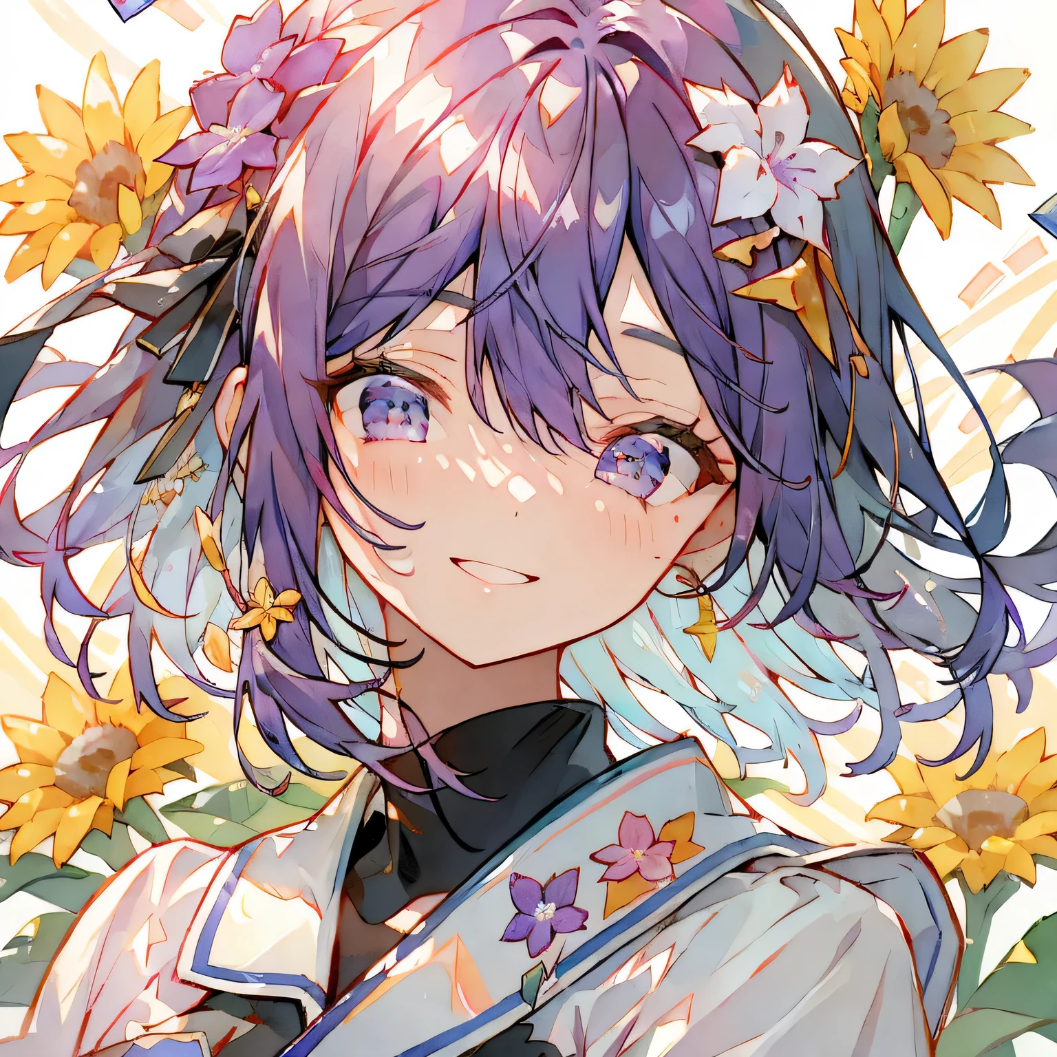 masterpiece、HD、perfect face、best quality、purple medium hair、Dumb、Cheerful smile、flower field、Eyes on the reader、music hair accessories
