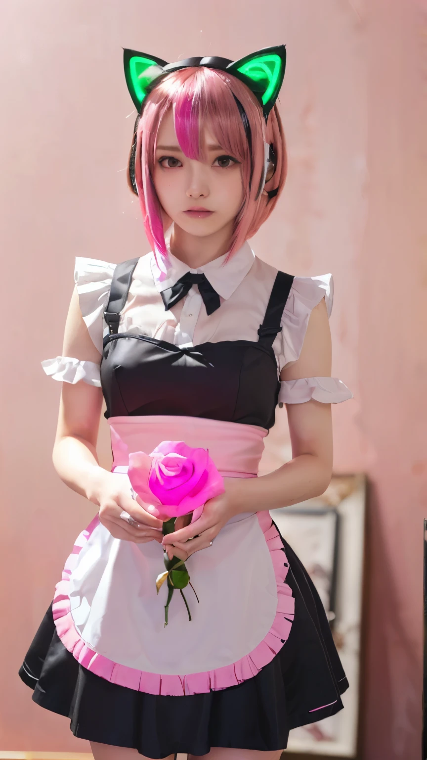 (Emo art:1.6), masterpiece, 4k, Bokeh, high school girls, (Multiple girls:1.6), (Group photo:1.5), beautiful face, (Cat ears:1.3), (Neon pink bob hair:1.6) , (Japanese idol:1.6), Blushed face, (Pink maid costume :1.4), looking at the viewer, closeup,
(Pink background :1.4), (Neon Pink rose millar room:1.6)