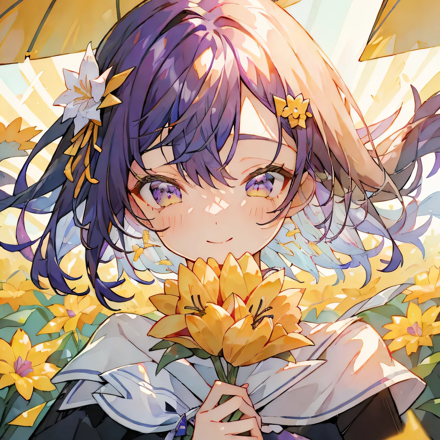 masterpiece、HD、perfect face、best quality、purple medium hair、Yellow musical note shaped hairpin、Cheerful smile、flower field、hands holding bouquet、Eyes on the reader