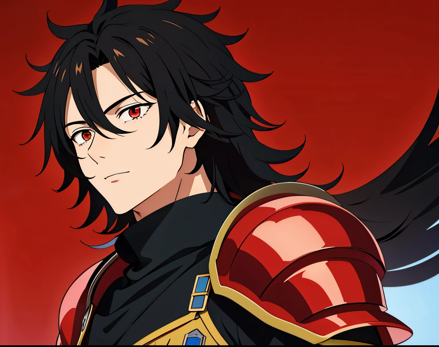 (high-quality, breathtaking),(expressive eyes, perfect face) 1boy, male, solo, age 20, young adult age, masculine face, black color hair, red eye color, spiky fluffy hair, medium hair length, messy loose hair, Hypnos inspired, narrow eyes, Symmetrical Eyes, portrait, soft smile, red background, fantasy armor, fantasy adventure clothing, mature, knight armor, hair between eyes